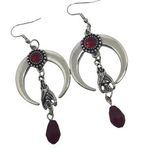 Gothic Hanging Bat & Crescent Moon / Horn Earrings goth new